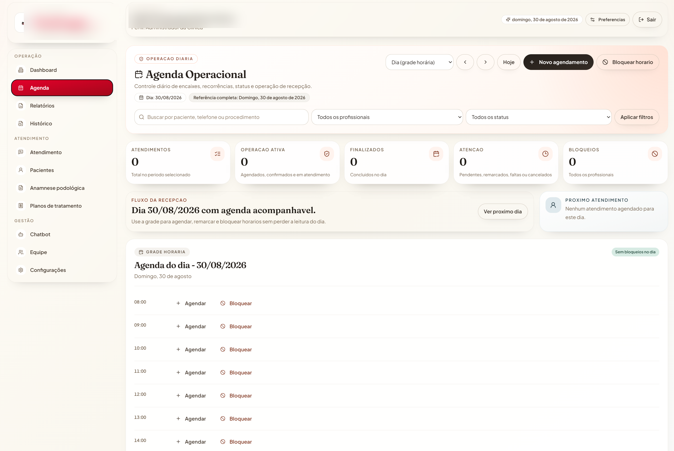 Agenda operacional com filtros, indicadores e grade de horários