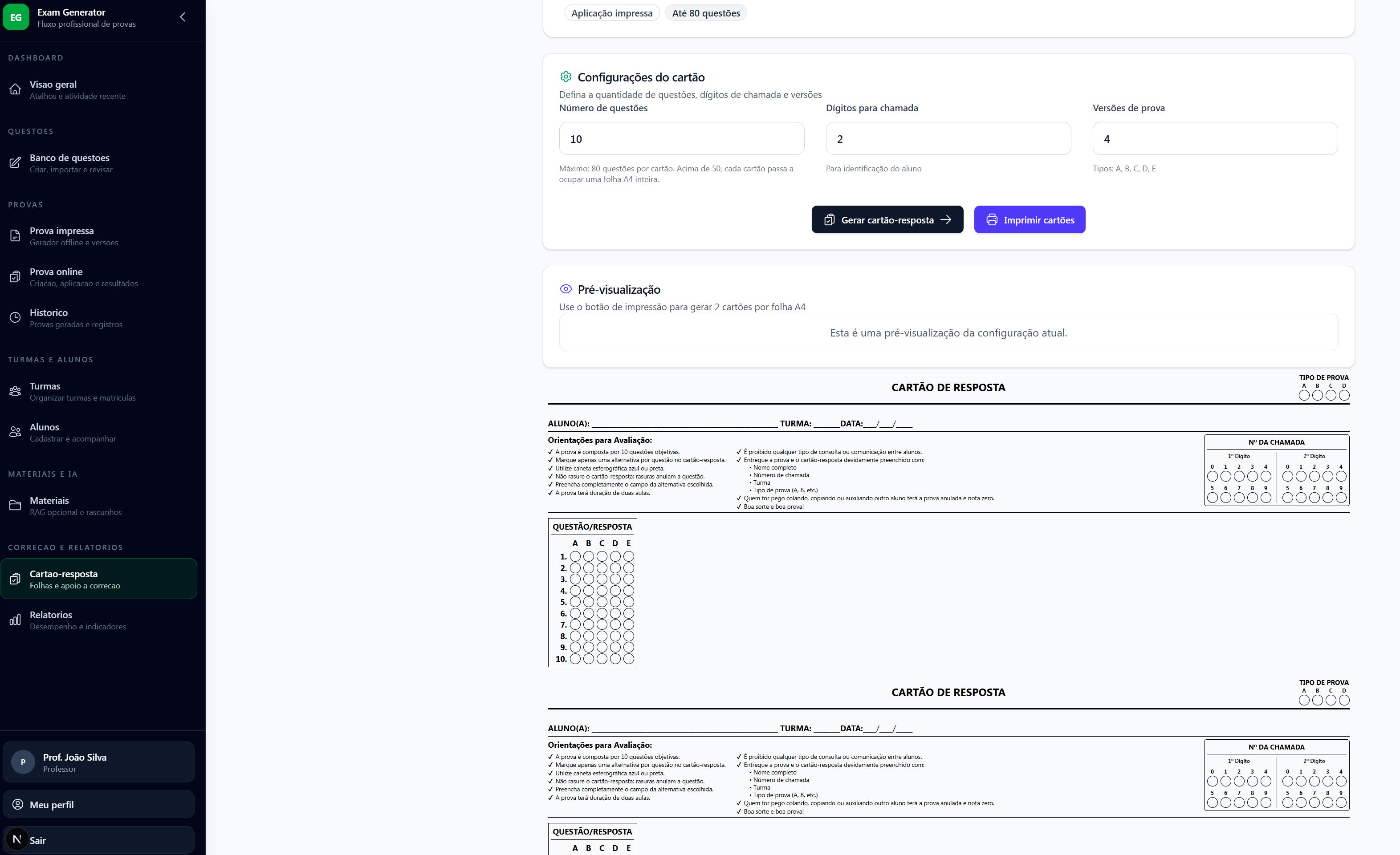 Configuração e pré-visualização de cartões de resposta