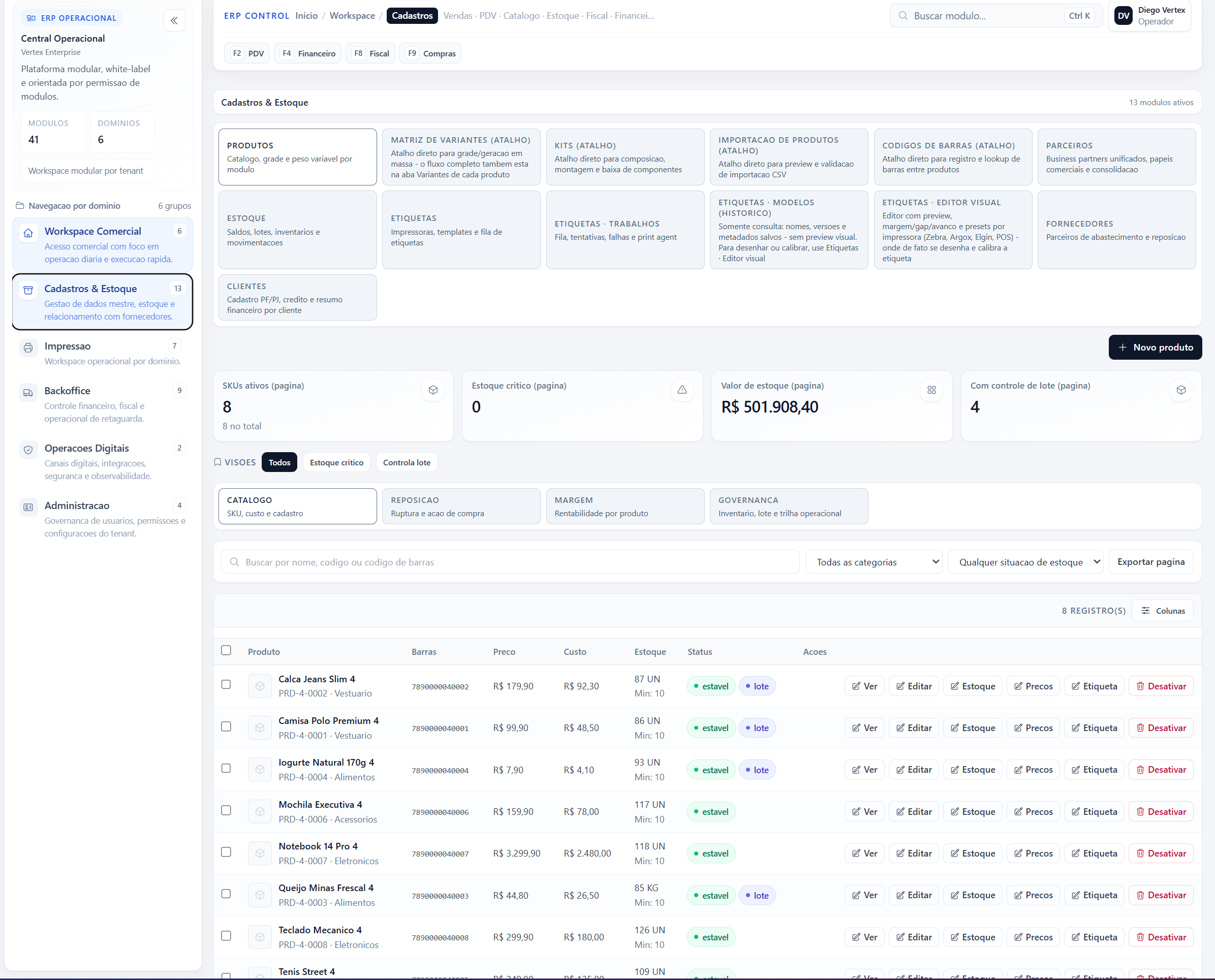 Catálogo e estoque do ERP com produtos e indicadores