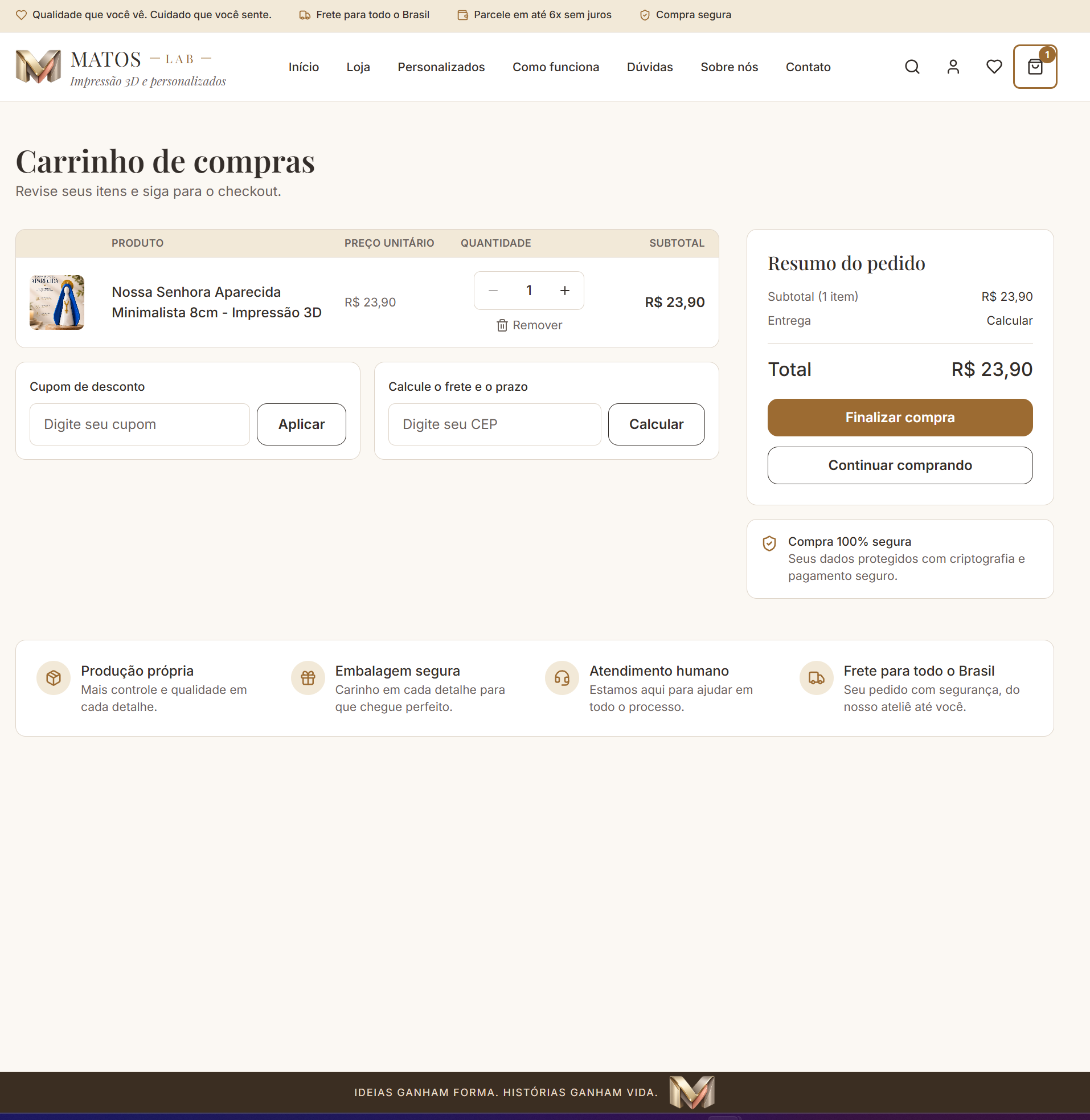 Carrinho da Matos Lab com item, frete, cupom e resumo do pedido