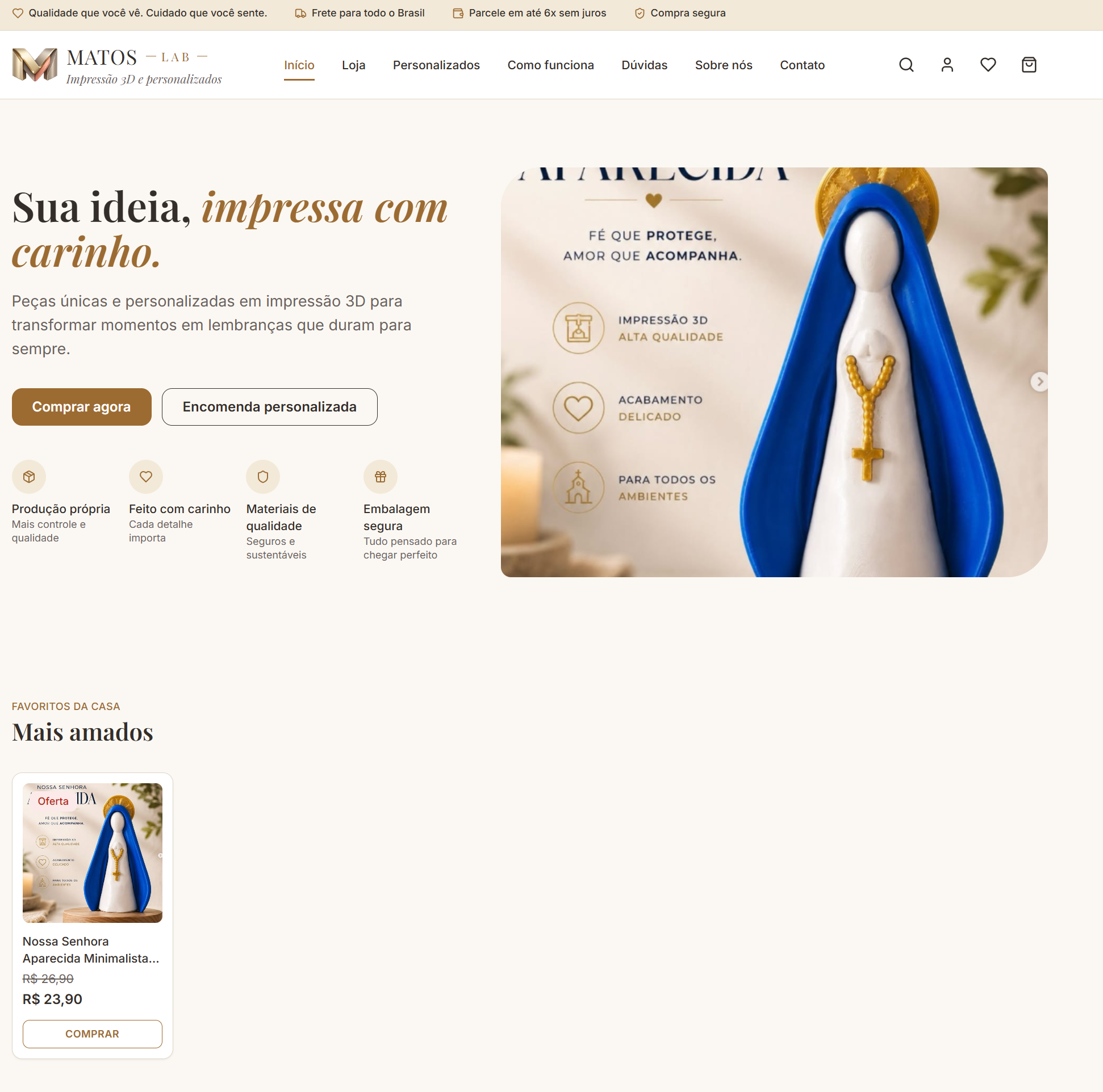 Página inicial da Matos Lab com produto personalizado em impressão 3D