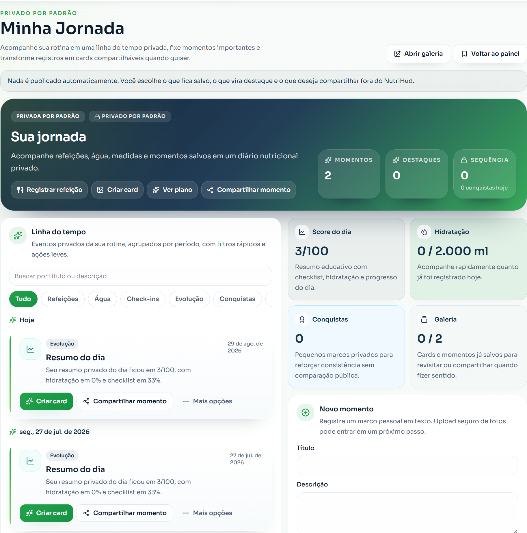 Jornada nutricional privada com linha do tempo e indicadores