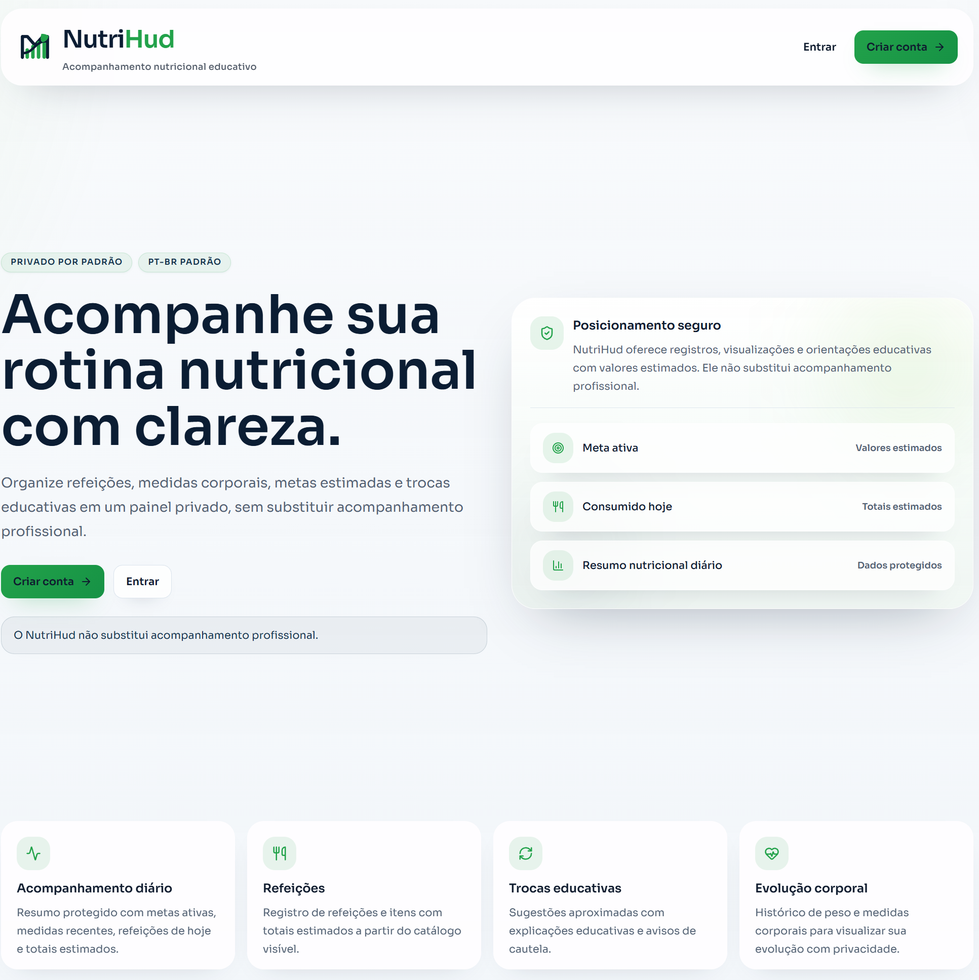 Página inicial do NutriHud com apresentação do acompanhamento nutricional
