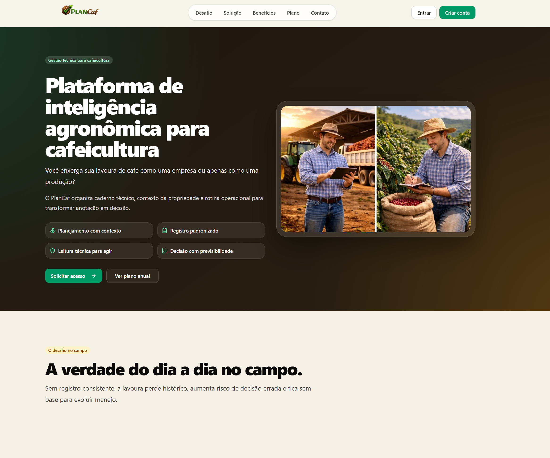 Página pública do PlanCaf apresentando a plataforma para cafeicultura